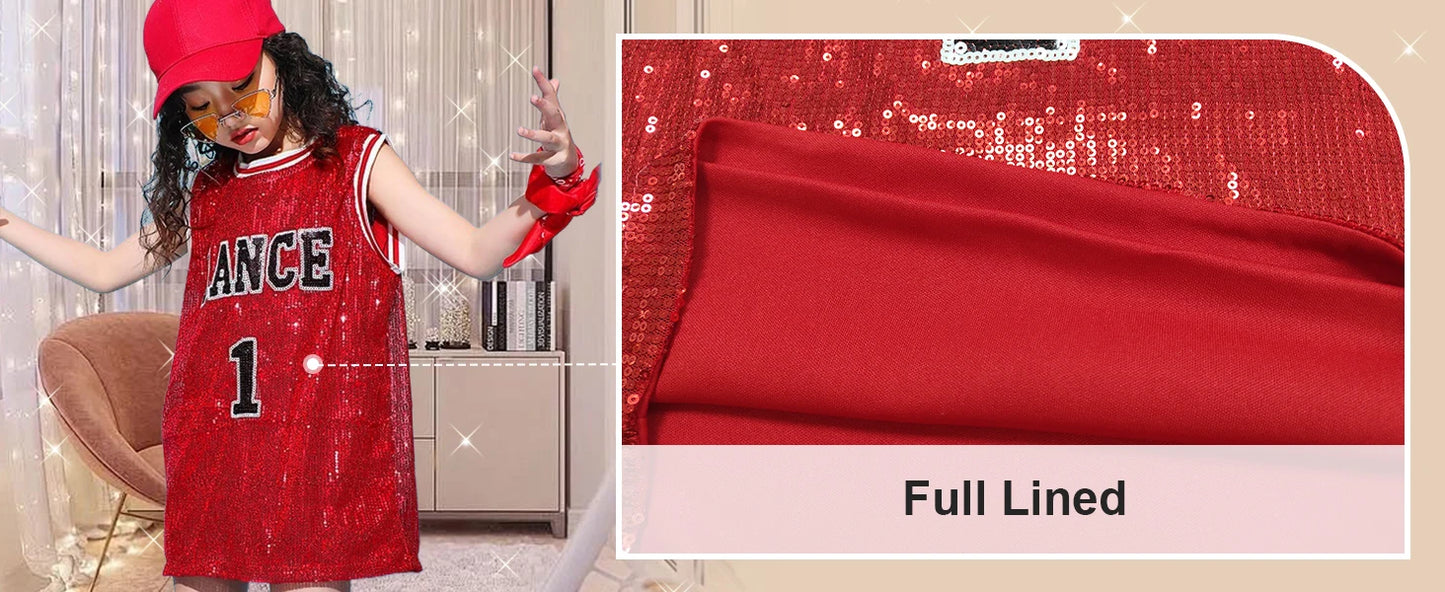 LOlanta Girls Hip Hop Dance Clothes Kids Jersey Sequin Dress Long Tank Top Jazz Cheerleading T-Shirt