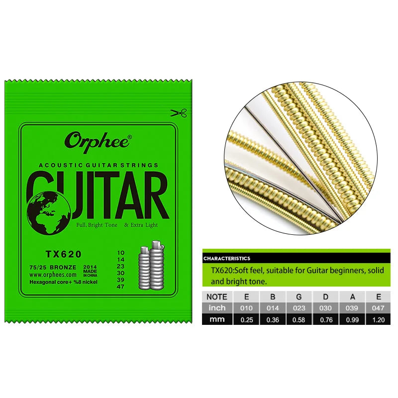 Orphee Acoustic Guitar Strings Set Medium Carbon Steel Hexagonal Core Rust Prevention Treatment Folk Guitar Parts & Accessories