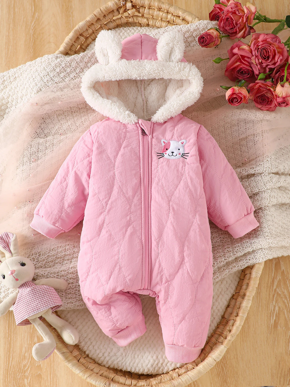 IURNXB Baby Winter Hooded Romper Cute Cat Fleece Jumpsuit Infant Warm Thick Onepiece Outfit for Newborn Girls Outdoor Wear 1-18M