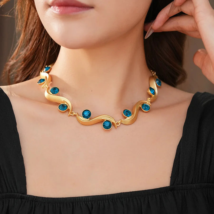 1/2 Pcs Unique Round Wave Long Earrings Blue Rhinestone Adjustable Chain Necklace Bohemian Women Fashion Jewelry Set Vacation N