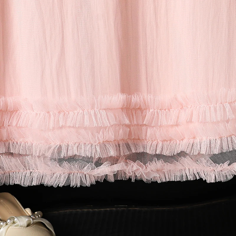 2025 Kids Clothing Autumn New Dress Pink O-Neck Long Sleeve A-Line Dress For Girls 8-12 Years Pretty Princess dress Party Set