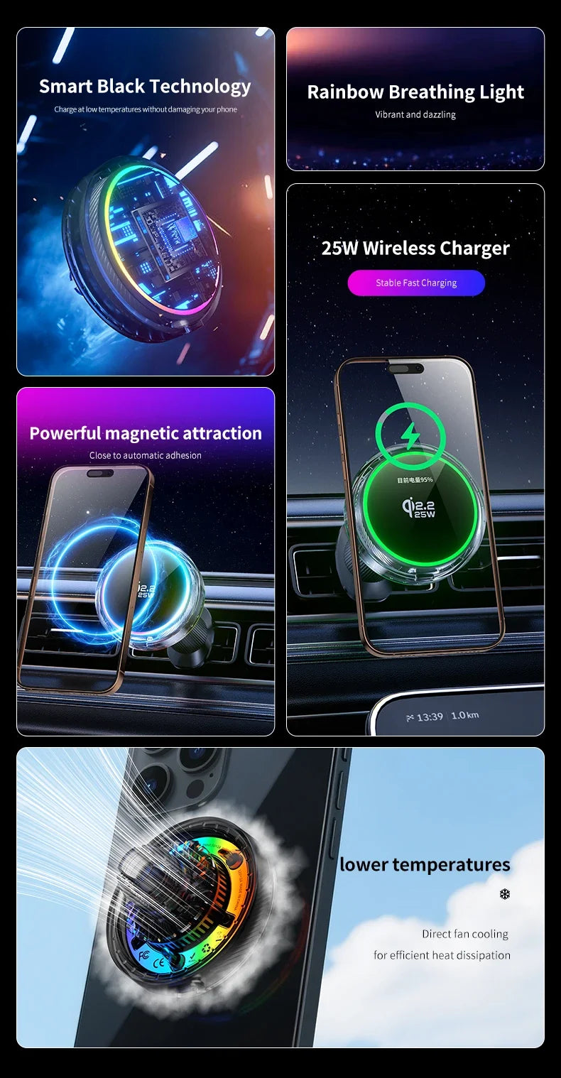 25W Air Cooling qi2.2 Car Magnetic Wireless Charger RGB Light  Phone Holder For Magsafe iPhone 17 16 15 14 13 12 Fast Charging