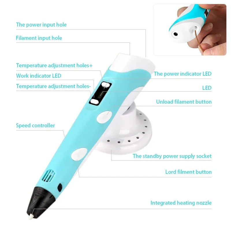 3D Pen LED Screen DIY 3D Printing Pen 50M PLA Filament Creative Toy Gift For Kids Design Drawing 3D Printer Pen Drawing Stift