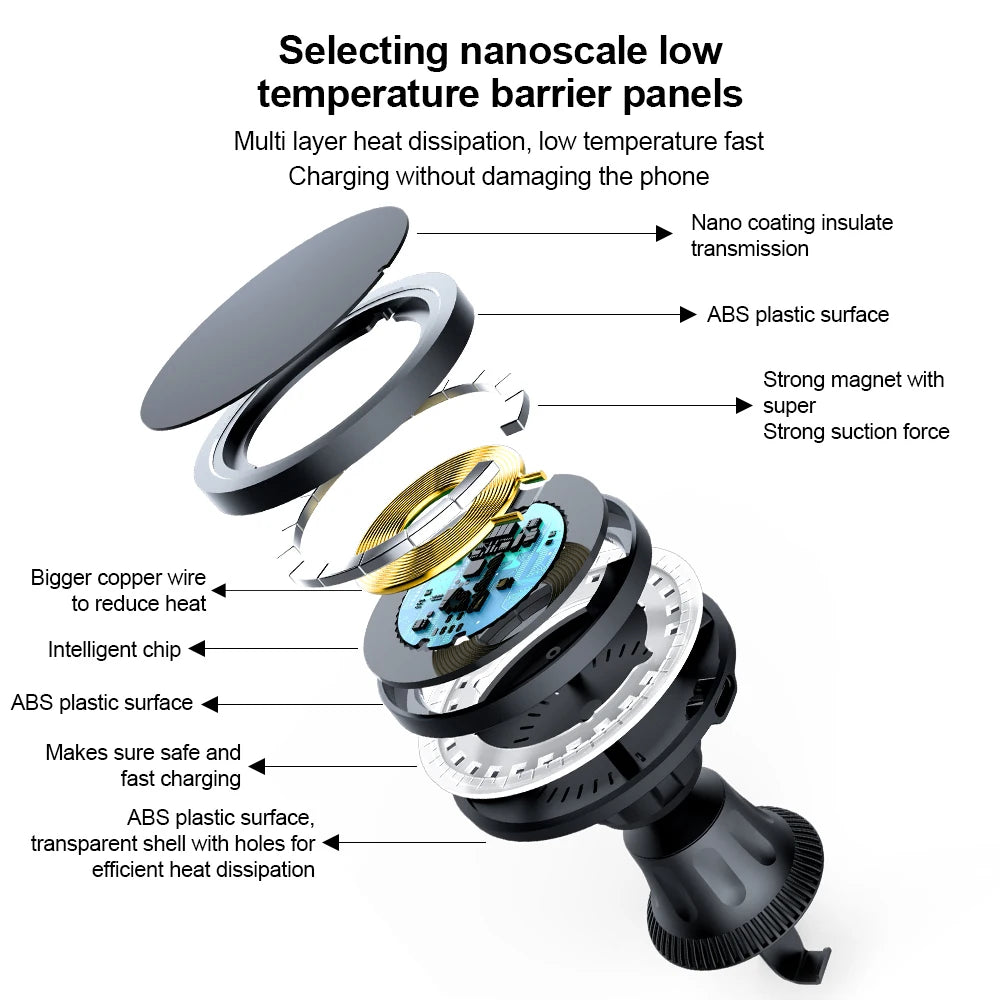 Wireless car charger, 15W fast charging magnetic phone holder, suitable for iPhone 12 13 14 15 16 Pro Max wireless car charger