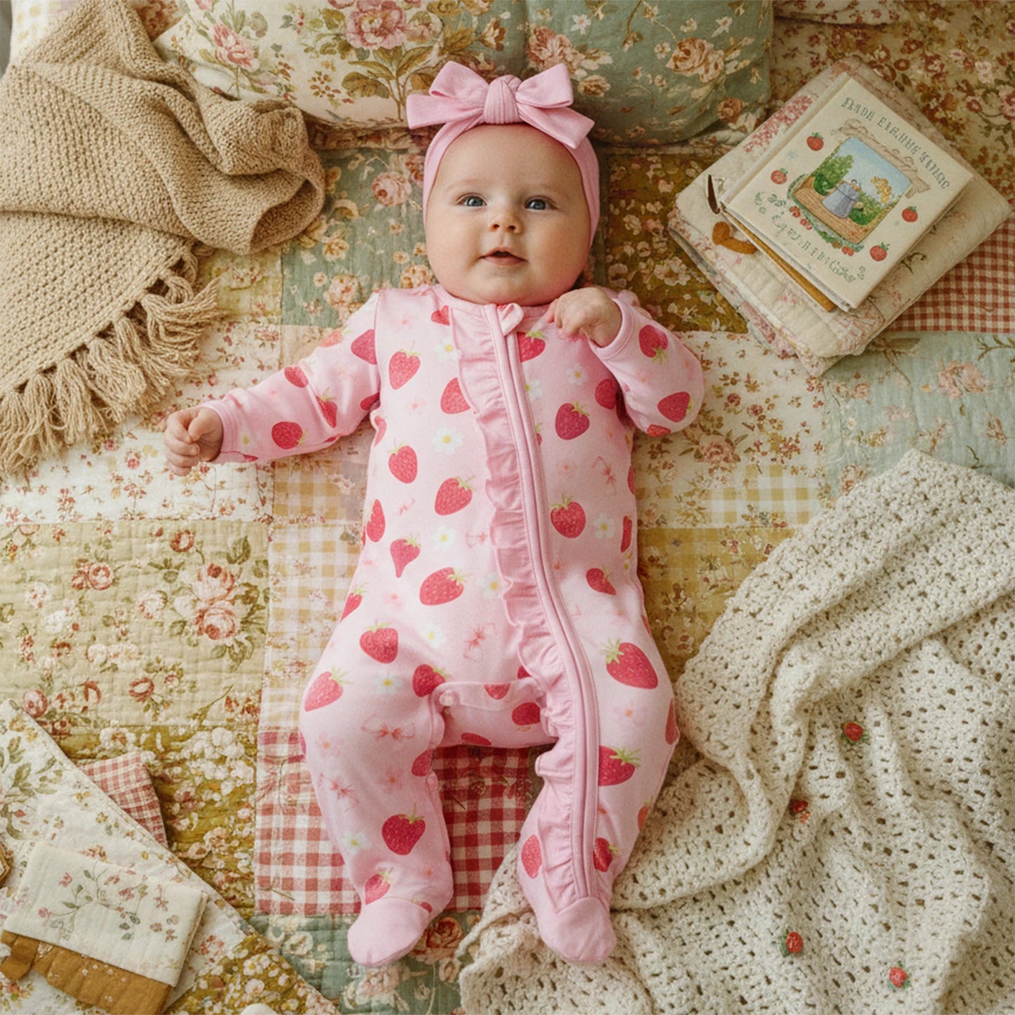 Newborn Baby Girl Footed Romper Strawberry Bow Print Long Sleeve Zip Up Round Neck Ruffled Jumpsuit with Headband
