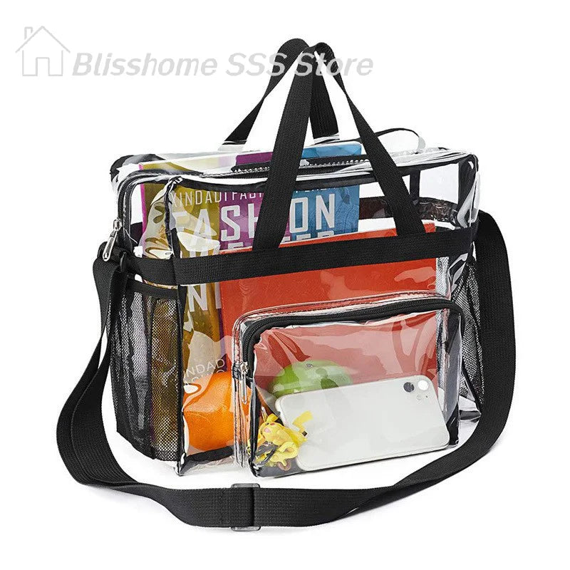 【S】Large Capacity PVC Transparent Bag Portable Washing Bag Clear Tote Multi Pocket Handbag for Home Use Durable Material