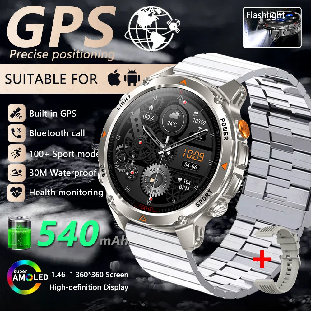 2025 New Outdoor Millitary Smart Watch Men GPS Positioning 540mAh Battery Waterproof Sports Fitness Tracker BT Call Smartwatch