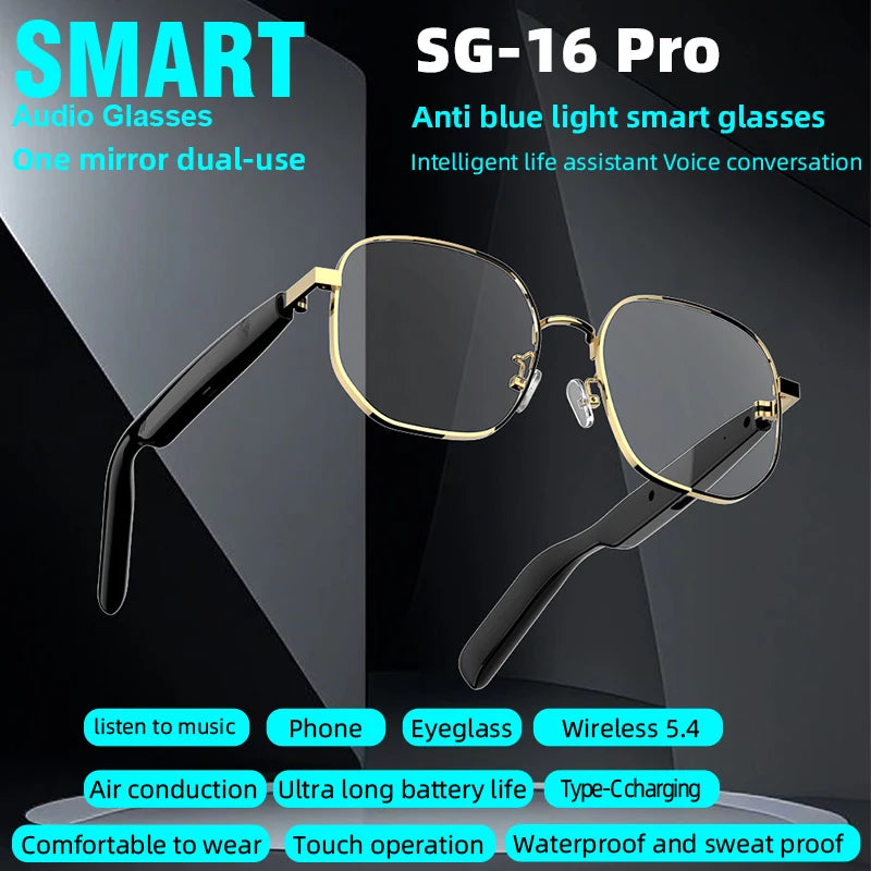 SG-16Pro New Trendy Smart Glasses Anti Blue Light Gold frame Sunglasses Music Stereo For Jogging Workouts SG16 PRO