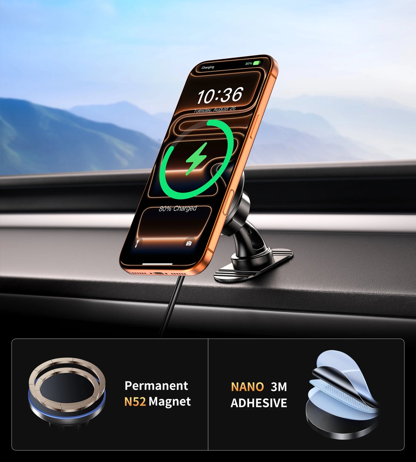 MagSafe Car Mount Charger, 15W Magnetic Car Phone Charger for Vent/Dashboard, [2025 New] Car Phone Holder Mount, Fast Charging M