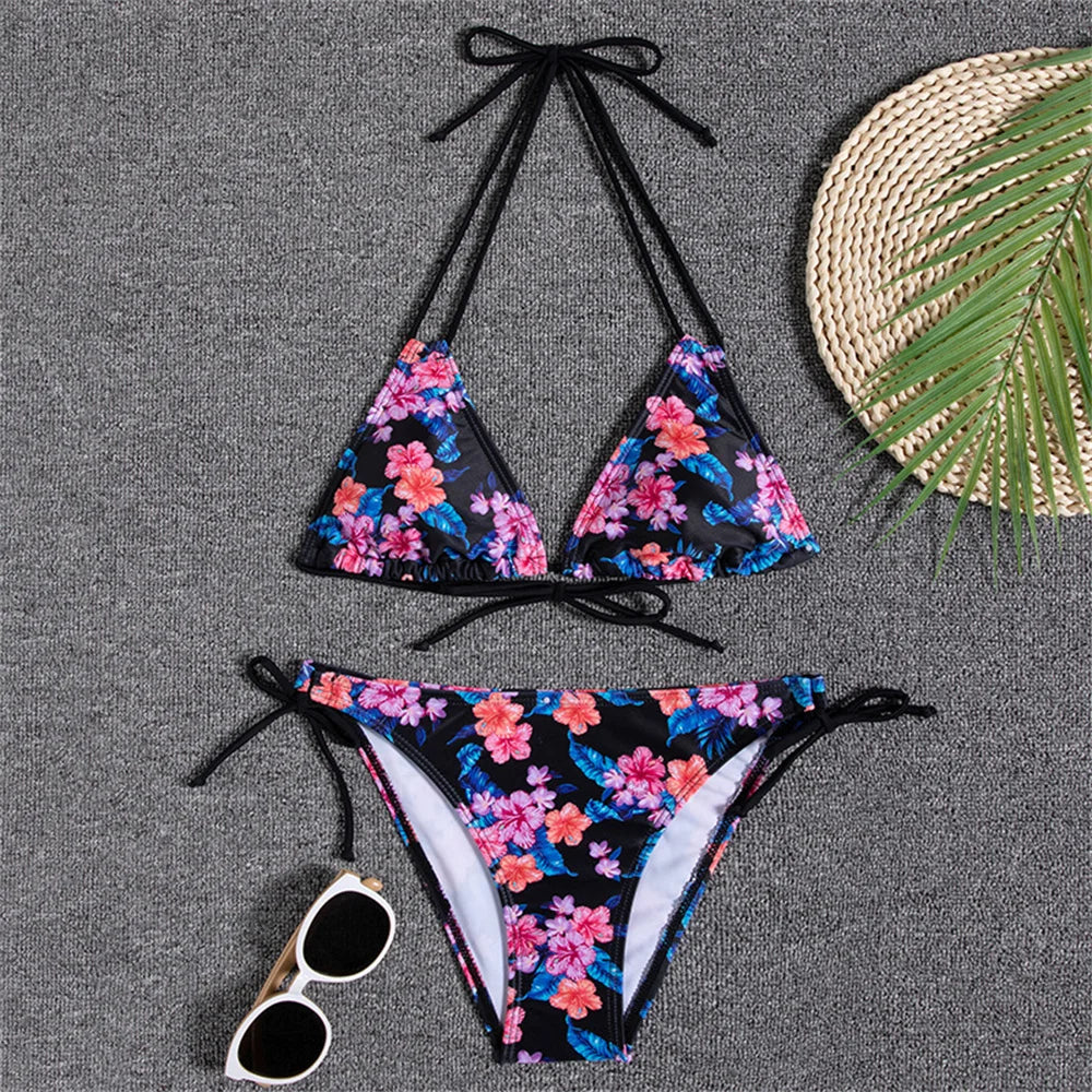 Cute Floral Bikini Extrem String Swimsuit Halter Backless Push Up Vacation Swimwear Women Y2K Beach Tropical Brazil Bathing Suit
