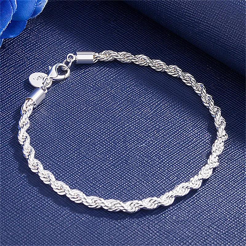 New High quality 925 Sterling Silver 4MM Women Men chain Male Twisted Rope Bracelets Fashion Silver Jewelry