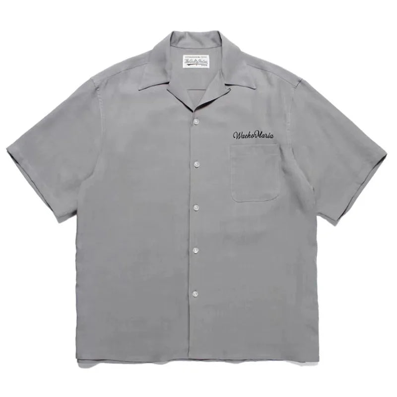 High-end Summer WACKO MARIA Solid Color Cursive wackomaria Embroidery Logo Simple Hawaii Short Sleeve Shirt