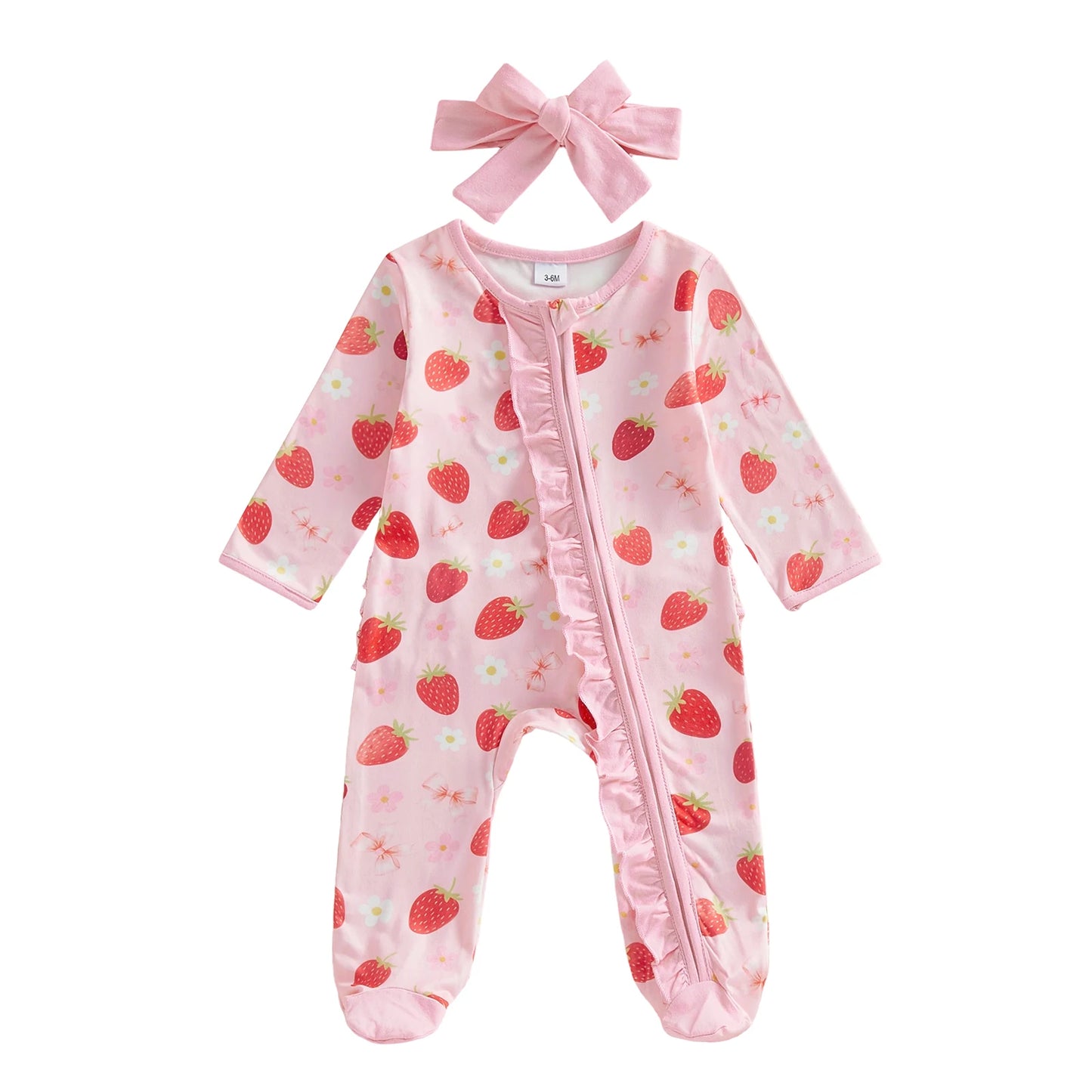 Newborn Baby Girl Footed Romper Strawberry Bow Print Long Sleeve Zip Up Round Neck Ruffled Jumpsuit with Headband