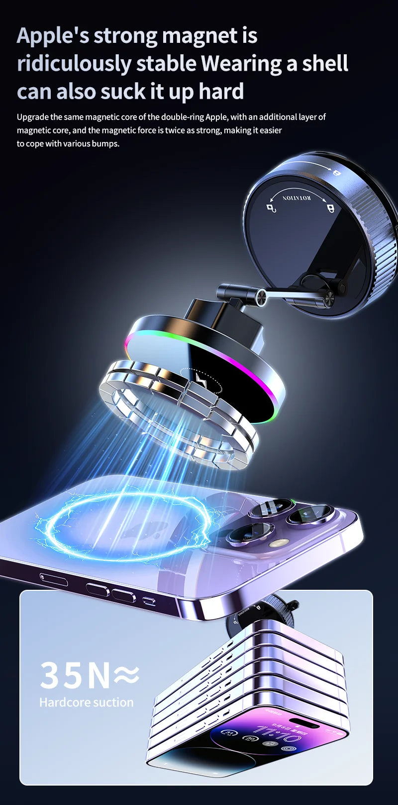15W Vacuum Suction Magnetic Wireless Charger Car Phone Holder Mount 360 degree Rotatable Compatible with Smartphones for iPhone