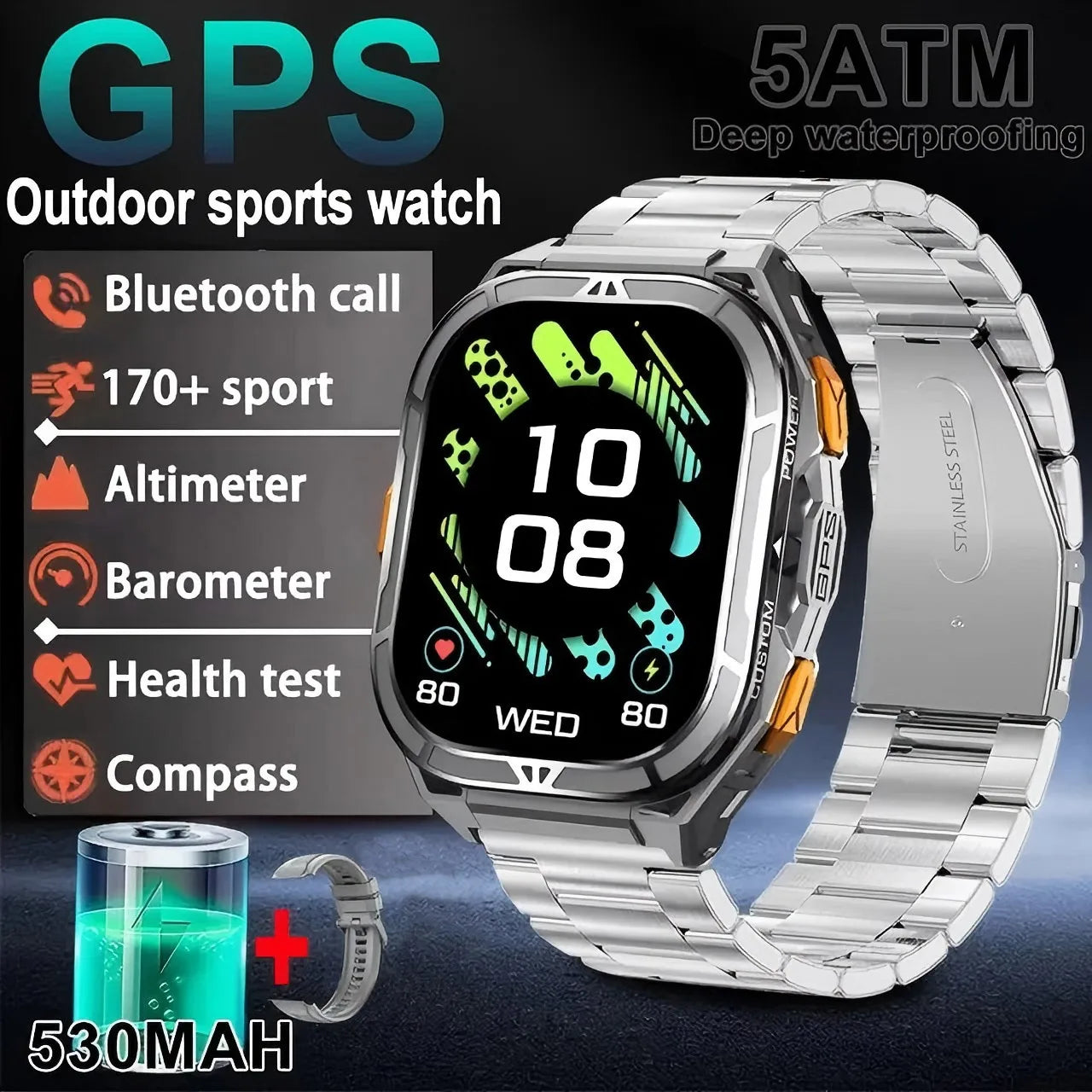 2025 NEW TANK X5 Smartwatch 5ATM Waterproof GPS Dual-Frequency tracking 1.96" AMOLED 530mAh Compass 170+ Sports Fitness Tracker