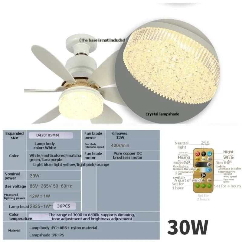 B89B-E27 Base 30W Ceiling Fan With Remote Control LED Light Intelligent Silent Fan For Bedroom And Living Room