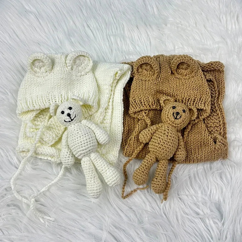 3pcs Baby Cute Costume Newborn Photography Props Crochet Knitted Bear Ear Hat, Bear Doll and Overalls Sets Studio Photos Outfits
