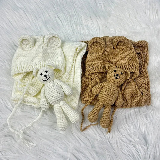 3pcs Baby Cute Costume Newborn Photography Props Crochet Knitted Bear Ear Hat, Bear Doll and Overalls Sets Studio Photos Outfits