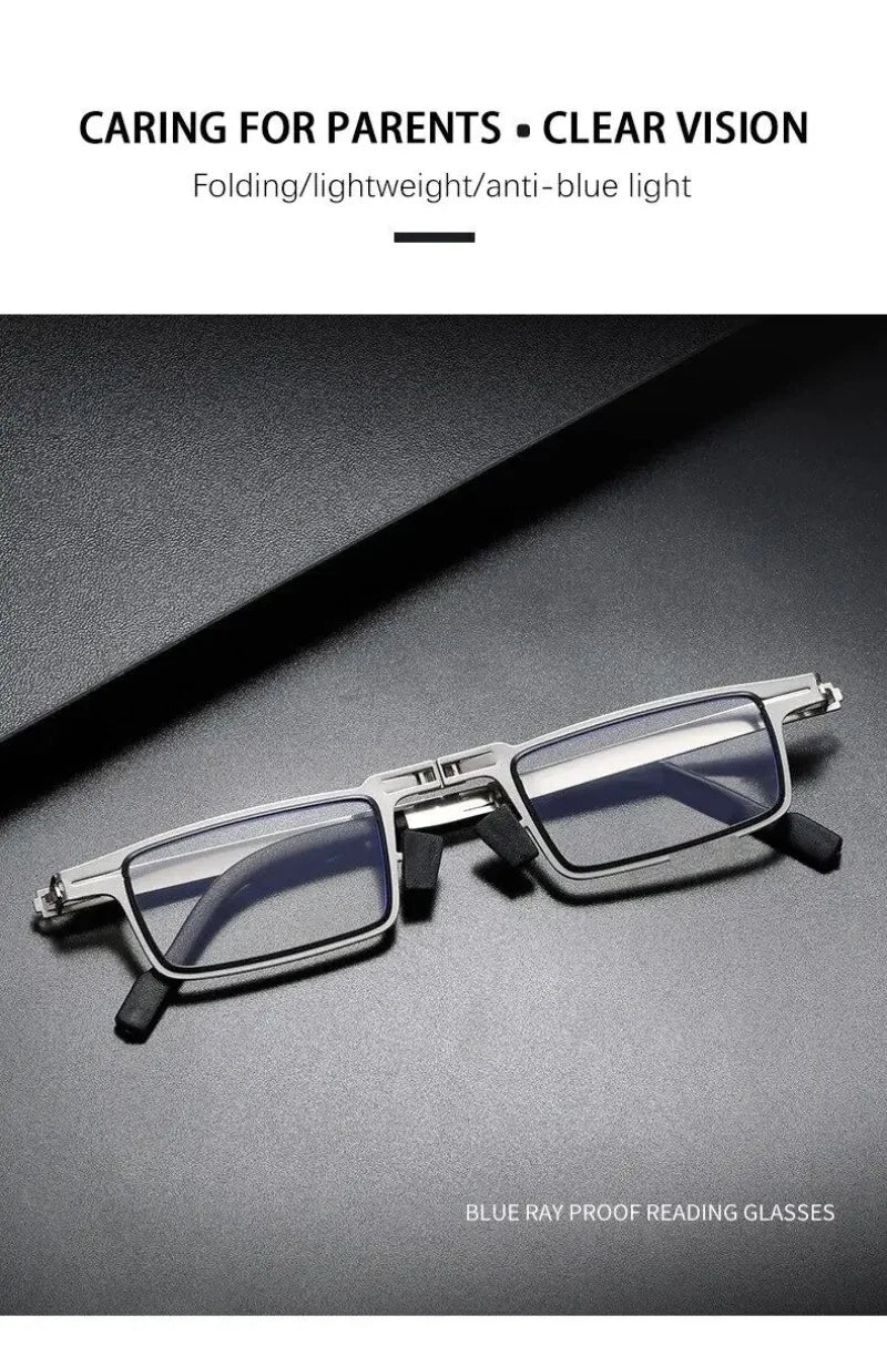Unisex Folding Reading Glasses Transparent Lenses Full Metal Frame Anti Blue Light Comes with Case for Men and Women