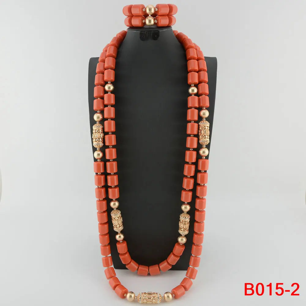 High Quality 2 Layers Artificial Coral Bead African Wedding Jewelry Set Women Necklace Nigeria Bride Party Gift