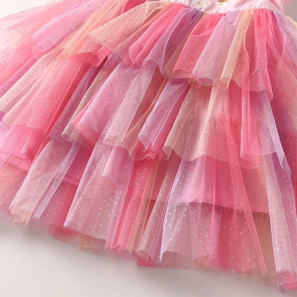 DXTON Girls Princess Dress Ruffles Sleeveless Butterfly Kids Vacation Dress Gradient Mesh Layered Cake Children Birthday Clothes