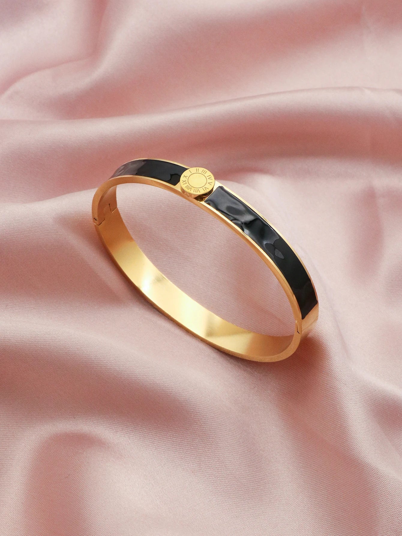 1set/4pcs New Trendy Round Roman Numerals Bracelet Stainless Steel Enamel Bangles Ring Earrings Jewelry Set Women Orange Color