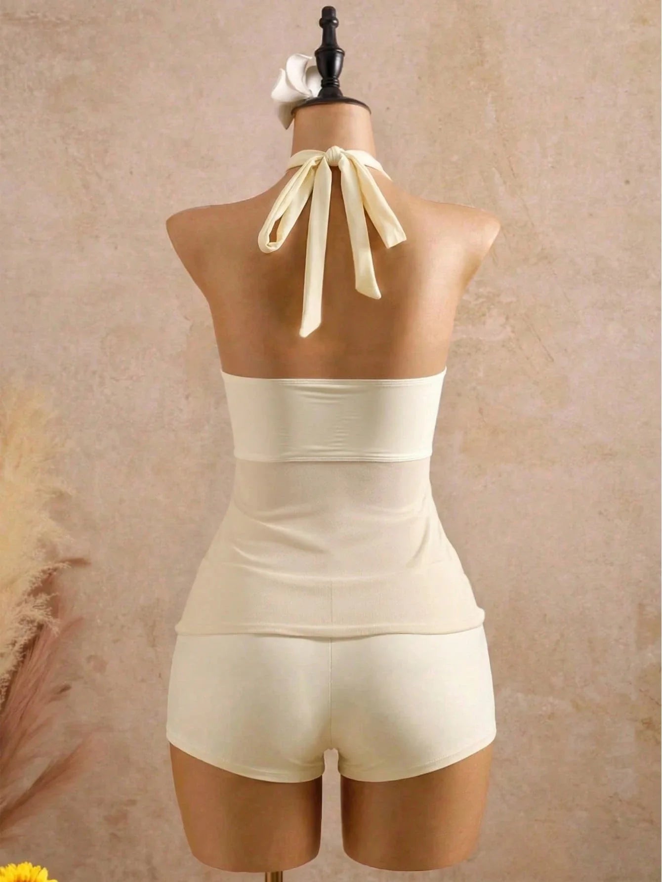 Beige Two Piece Bikini Set 2026 Women Metal Sun Ornament Mesh Tank Top High Waist Swimsuit Holiday Bathing Suit Swimwear