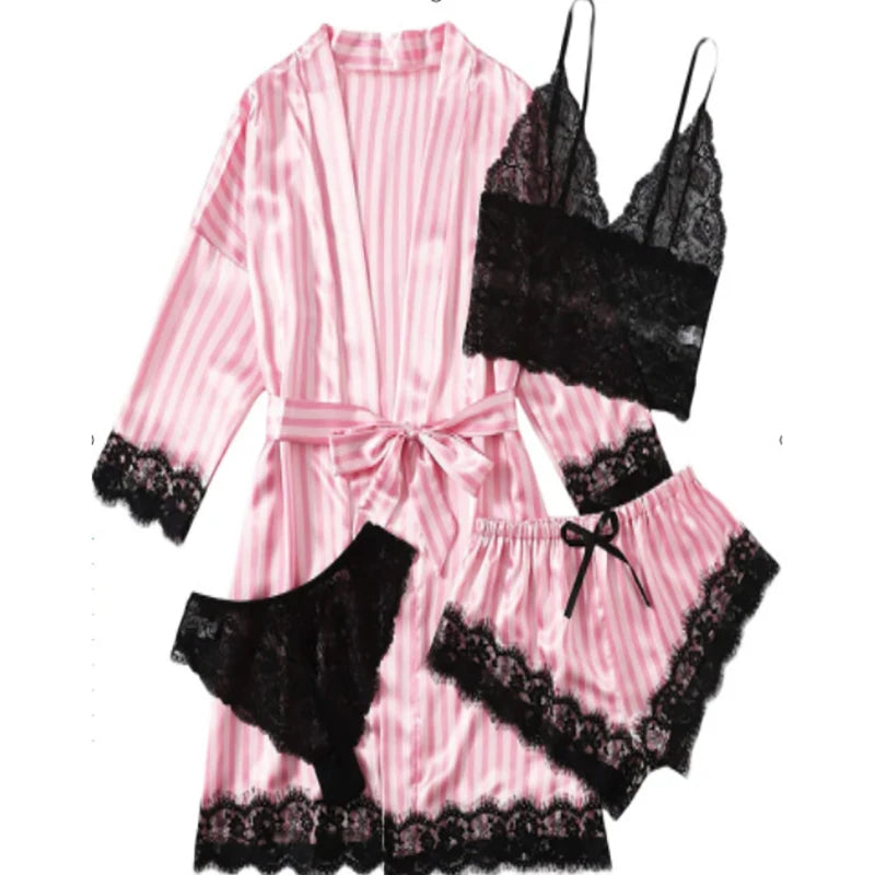 Women' Silk Satin Pajamas Set 4pcs Lingerie Lace Sleepwear With Robe Nightgown Long Sexy night-robe V-neck Nightdress Suit