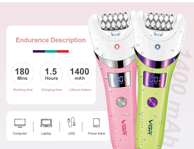 VGR Hair Removal Professional Body Care Trimmer 5in1 IPX6 Waterproof Hair Trimmer LED Two Speeds Electric Razor for Women V-759