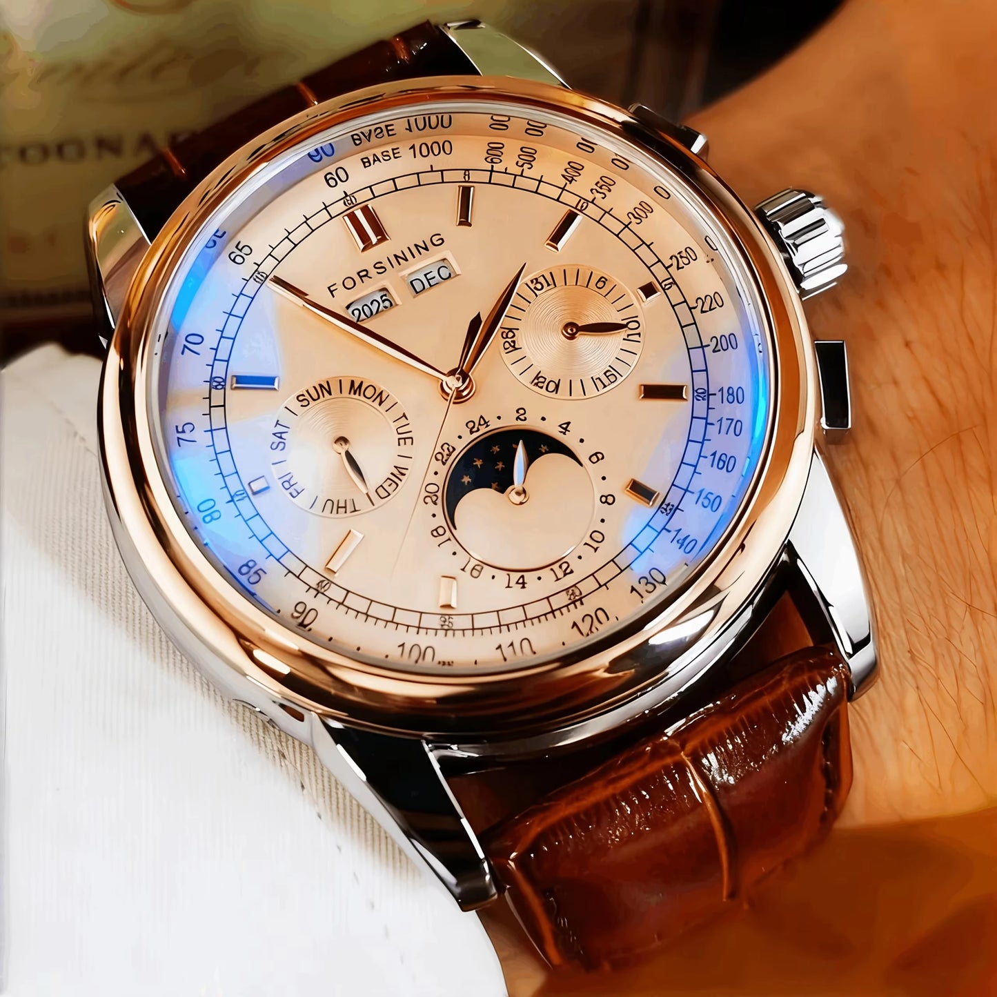 Forsining Retro Mechancial Watches Moon Phase Shanghai Movement Rose Gold Case Brown Leather Strap Luxury Automatic Mens Watch