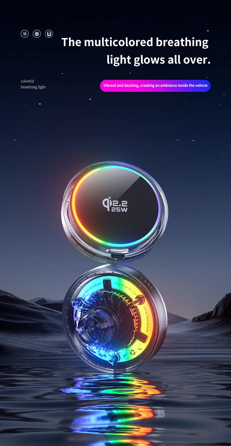 25W Air Cooling qi2.2 Car Magnetic Wireless Charger RGB Light  Phone Holder For Magsafe iPhone 17 16 15 14 13 12 Fast Charging