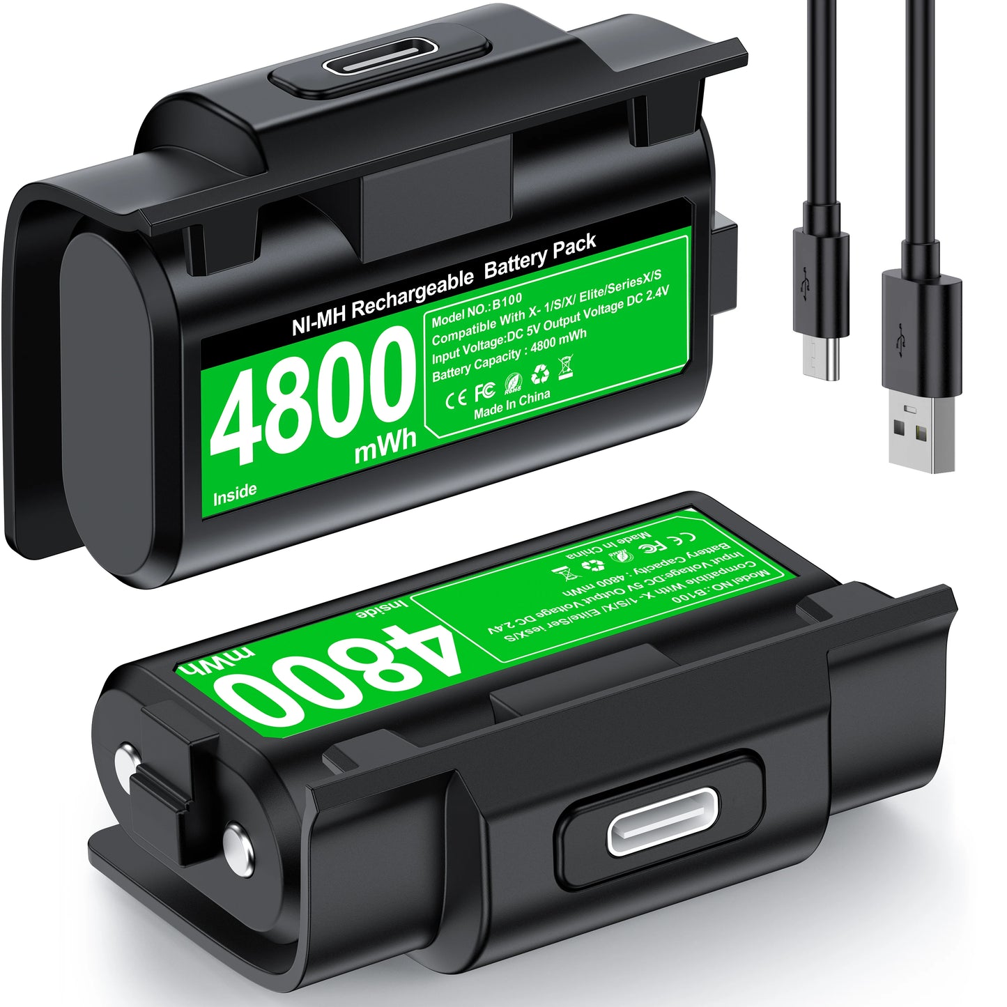 2 x 4800mWh Xbox One Controller Batteries Pack Play and Charge Kit USB-C Charging Cable/4 Covers for Xbox One/Series X|S