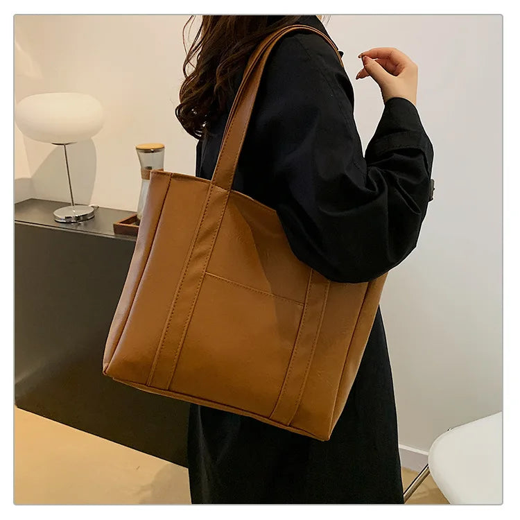 Simple Large Capacity Tote Bags for Women Retro Pu Leather Ladies Shoulder Bag Commuter Portable Girls Student Underarm Handbag