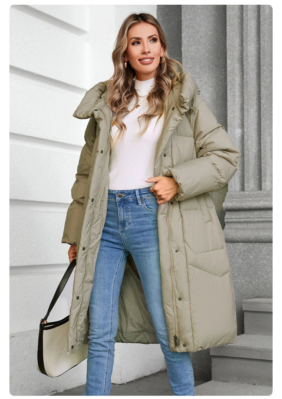 GASMAN 2024 Winter Down Jacket Women Long Classic zipper Design Pocket Stand Collar Hooded Slim Coat Women Parkas 88590