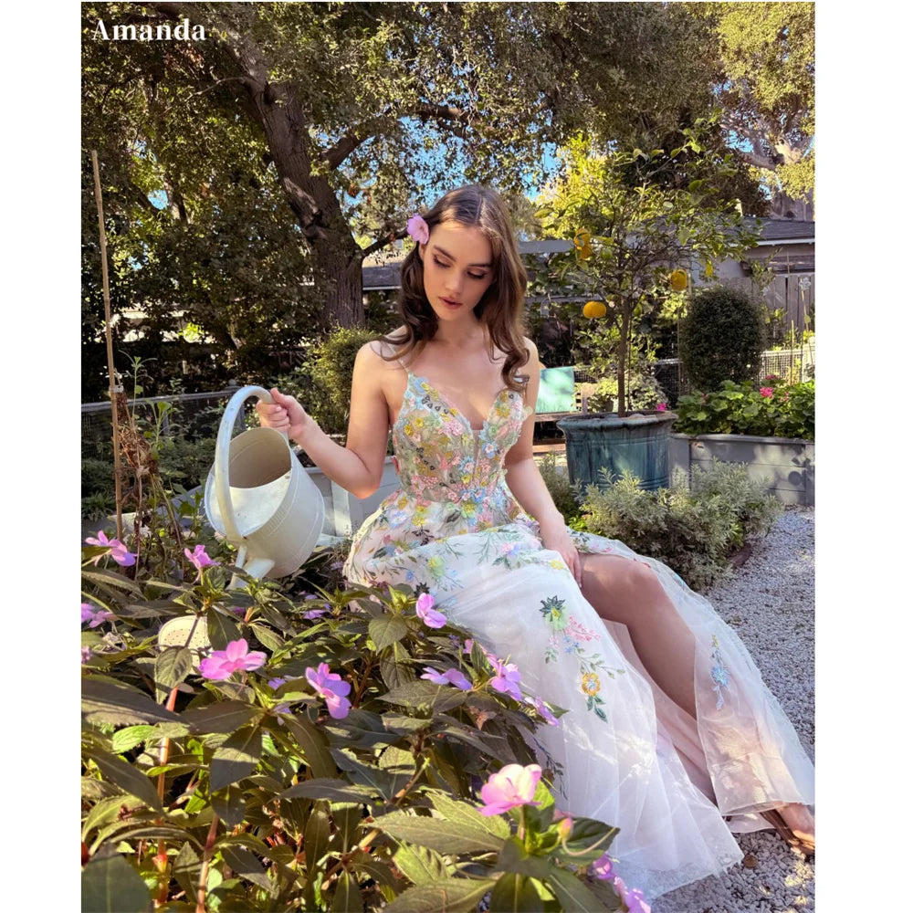 Amanda Customized Spaghetti Strap Floral Embroidery Tulle Prom Dress Side Split vestidos de noche A-Line Pleated Formal Evening