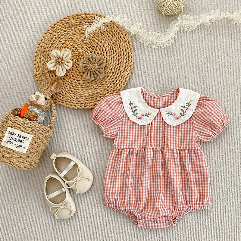 0-3Yrs Toddler Baby Girls Rompers Embroidery Bodysuit Girls Jumpsuits Princess Girls Pink Grid Rompers Toddler Summer Clothing