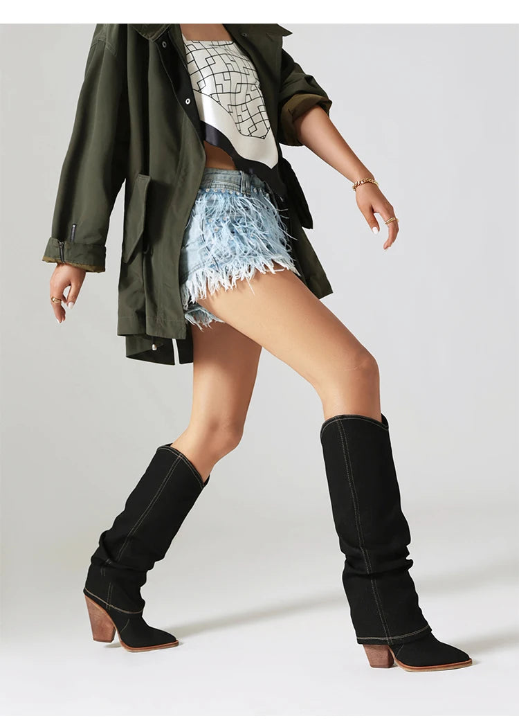 Turned-Over Edge Denim Fashion Sleeve For Women's Knee High Boots Super High Wood Grain Tapered Thick Heel New Winter Boots