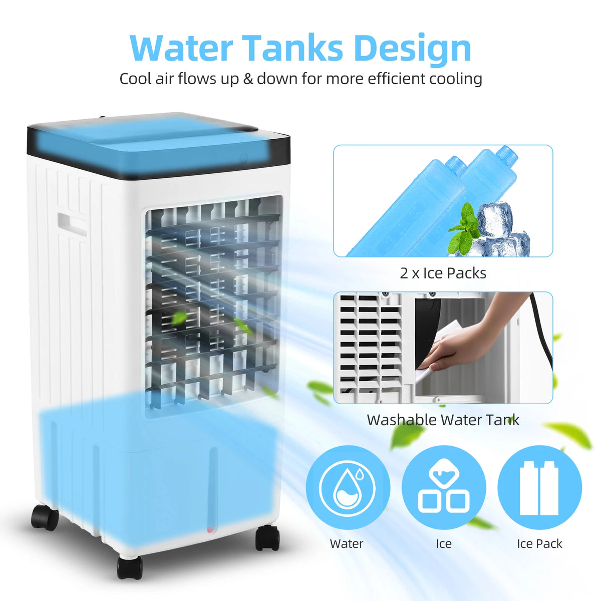 Evaporative Air Cooler 100° Oscillation Swamp Cooler with Remote Control / 2 Ice Boxes / 2.11 Gal Water Tank 1-7H Timer