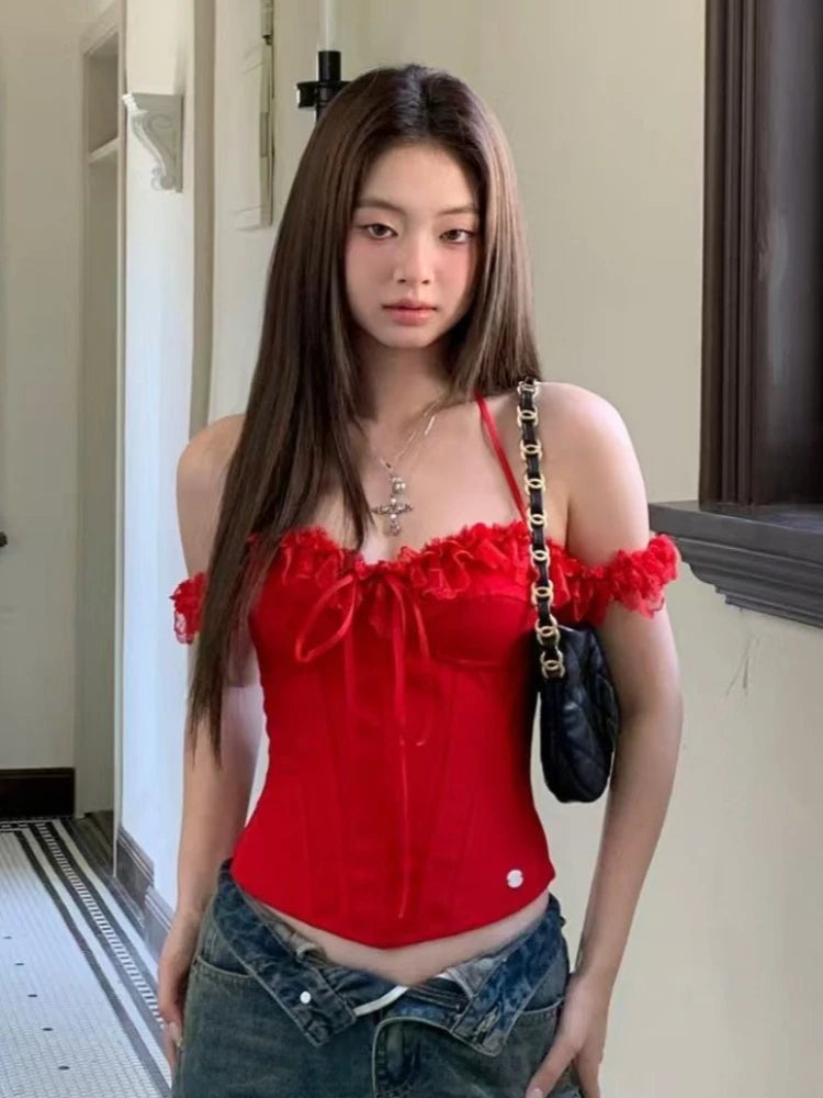 France Lace Pink Camisole Women Hot Girl Sweet Design Off Shoulder Slim Hollow Out Solid Vest Female Elegant Fashion Clothes