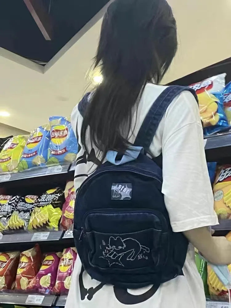 Fashion Small Denim Backpack Kawaii Cat School Bag Mini Cute Schoolbag Deep Blue Backpacks Aesthetic Japanese Preppy Book Bags