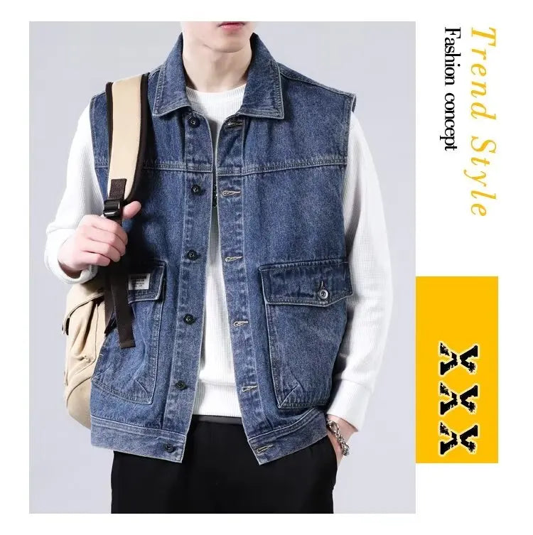 Spring Vintage Design Mens Denim Vest Male Retro Sleeveless Jackets Men Ripped Hole Button Jean Waistcoats Clothing 4XL