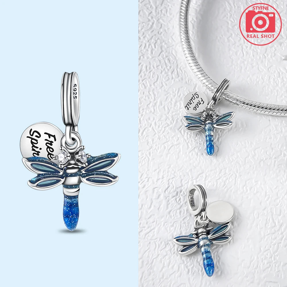 Blue Dragonfly Pendant 925 Sterling Silver For Charms Silver 925 Original Bracelet for Jewelry Making