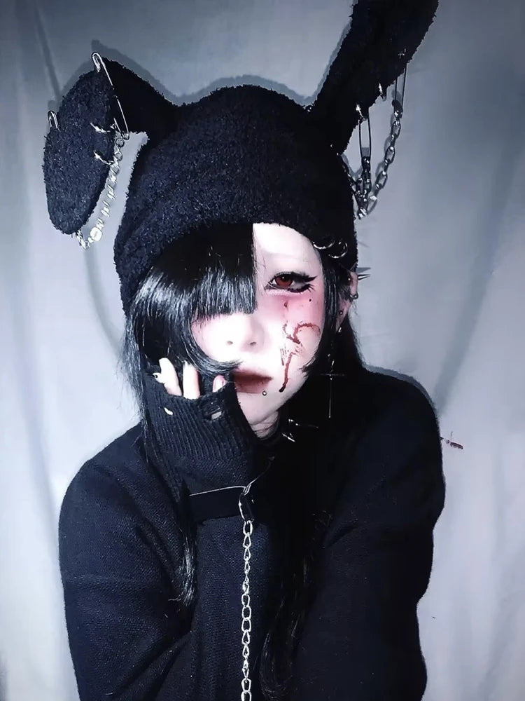 Gothic Grunge Rabbit Ear Hat Harajuku Y2k Punk Chain Pin Metal Ring Lambswool Black Hat Women Girls Winter Warm Chic Streetwear