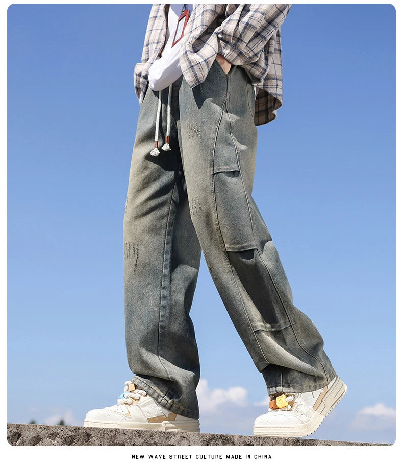 Jeans men's American high street vintage washed crease splicing men's spring and fall models loose straight pants