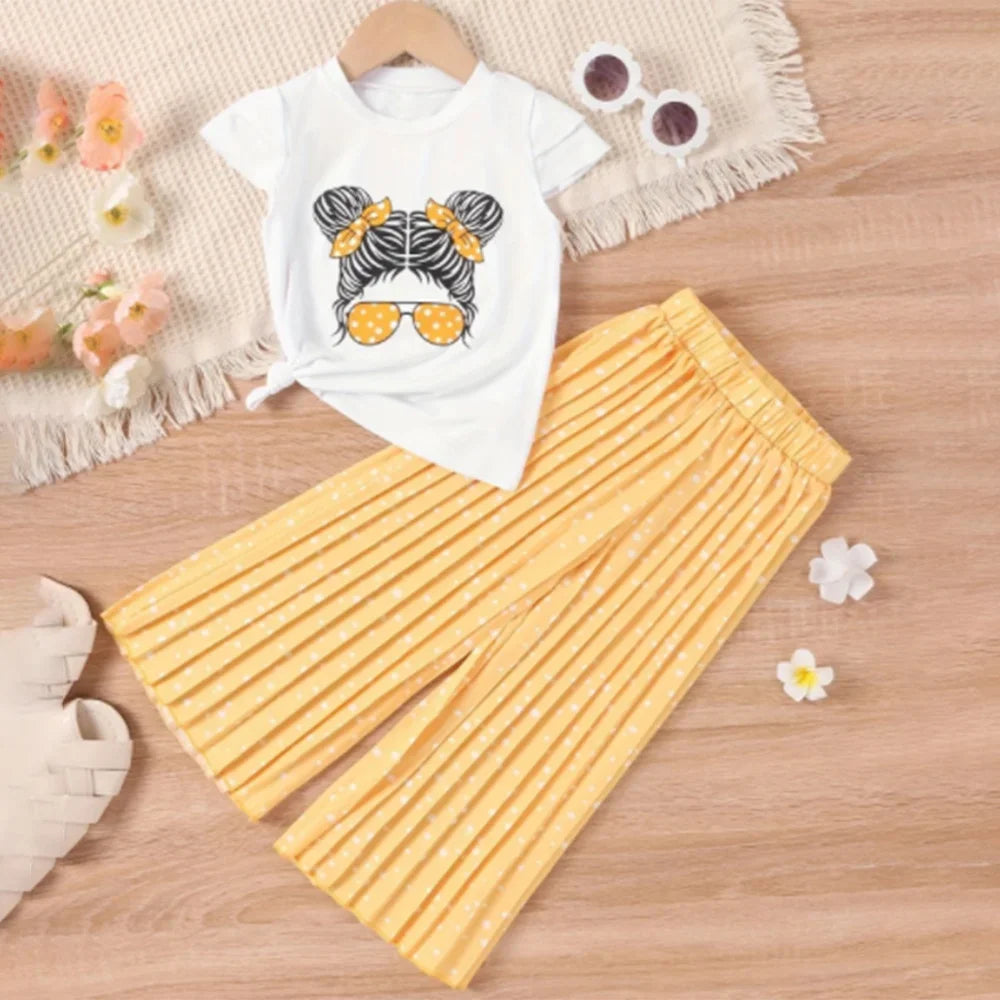 Cartoon Avatar with Short Sleeves and Wide Leg Pants 2pcs Set 2-7 Years Old Baby Girl's Casual Clothing Set Summer