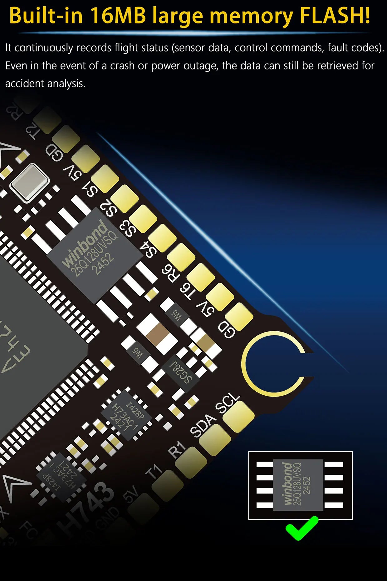 DAKEFPV H743 100A/120A stacked ICM42688P H743 flight control module BLHELI_S 120A 4-in-1 ESC 30.5X30.5 millimeters.