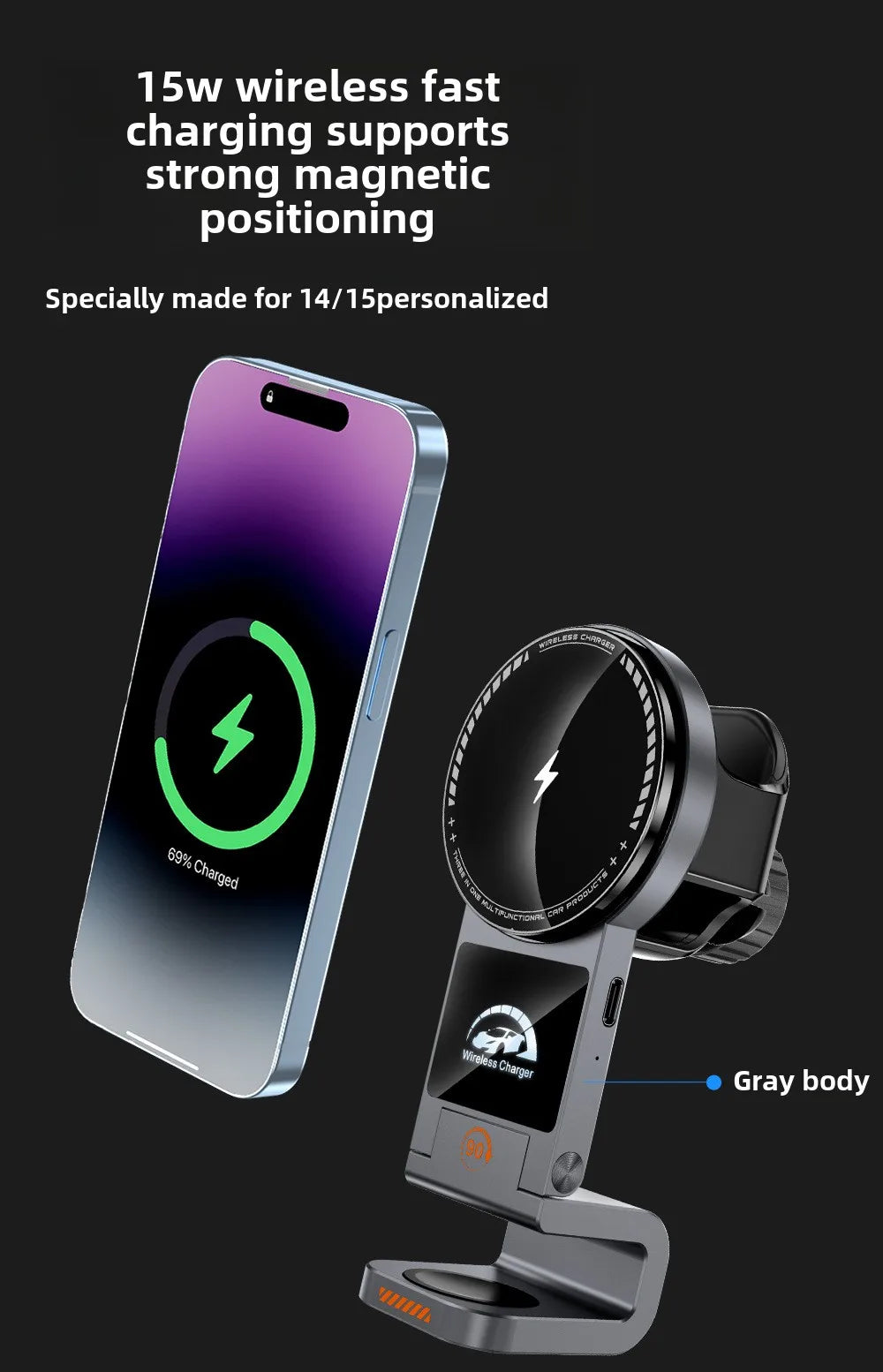 Magnetic Wireless Charger Car Phone Holder 15W Fast Charging  Air Outlet Hook Mount Stand for Magsafe IPhone 16 Earphone Iwatch