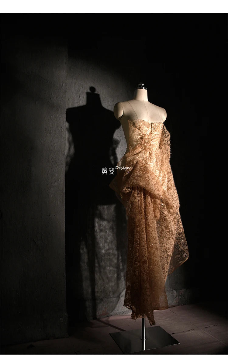 Vintage Brown Sheer Mesh Jacquard Fabric with Fringe Sequins Textured Hanfu Dress Coat Material Designer Clothing Luxury Fashion