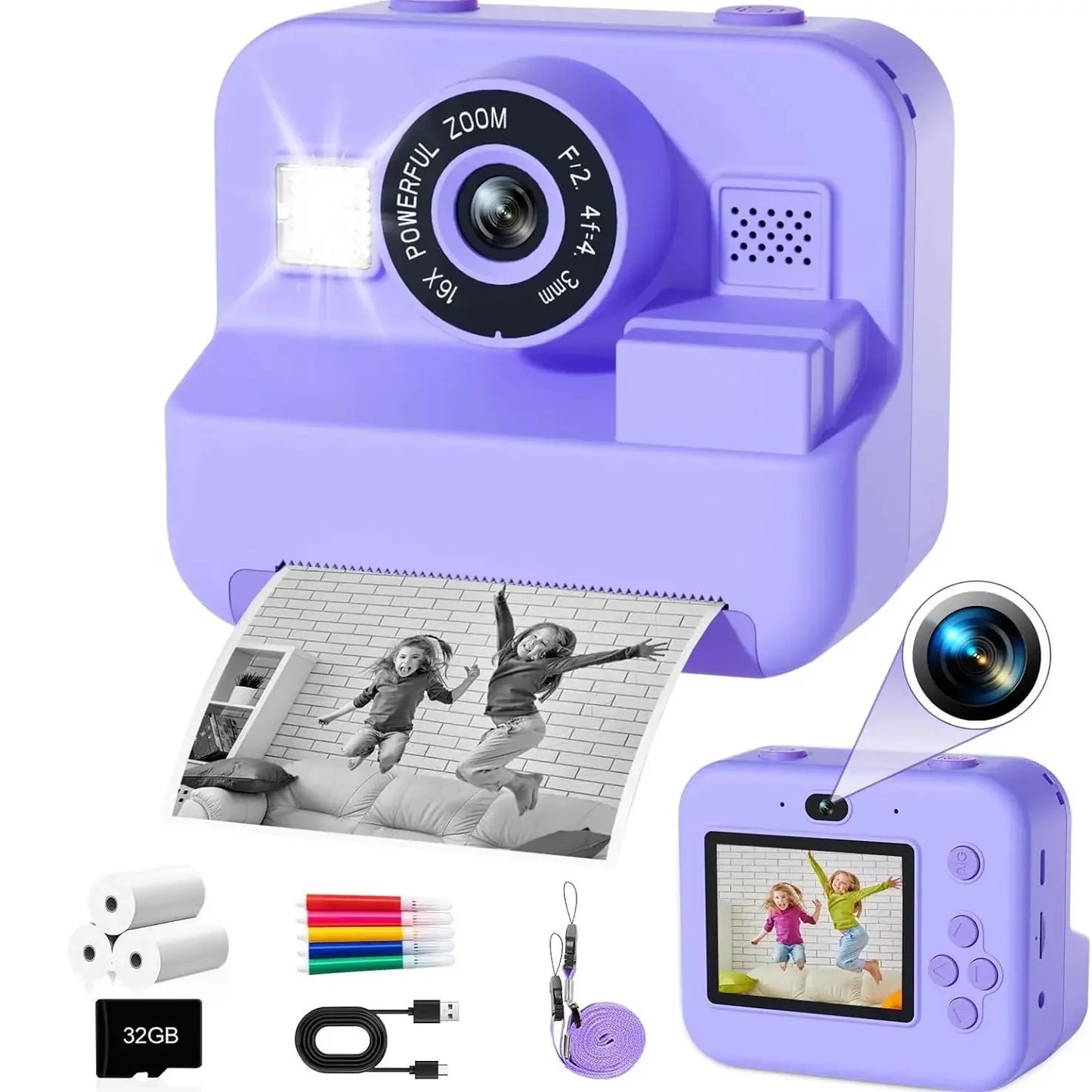 Educational Thermal Instant Print Camera With 32G Card, 1080P Children Mini Digital  Video Camera for Kids Learning  Development
