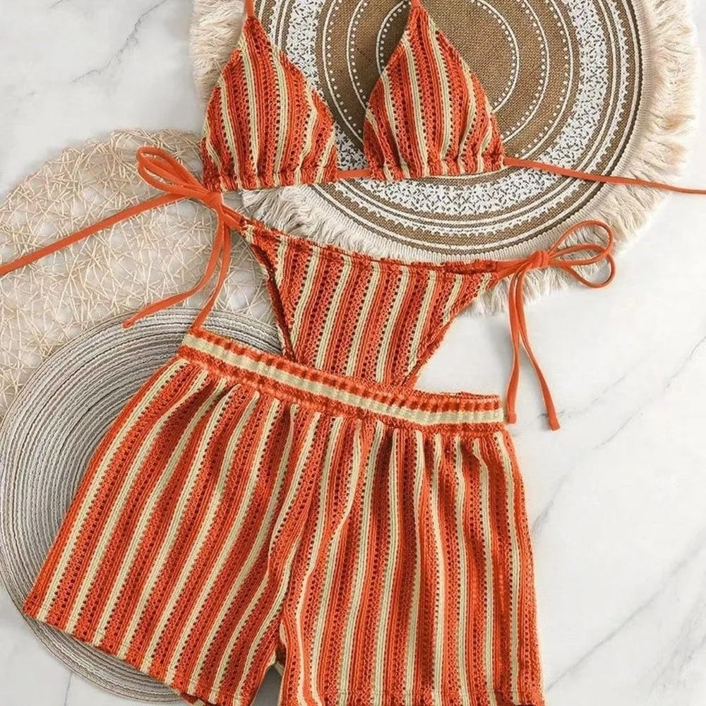Fashion Stripes 3 in 1 Swimwear Set Lace Up Slim Fit Bikini Bathing Suit Deep-V Sleeveless Knitting Swimsuit Vacation